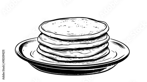 Plate with three stacked buttermilk pancakes in the center, food illustration vector