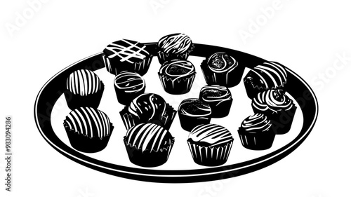 Pralines displayed in a circular pattern on a serving platter, food vector graphic