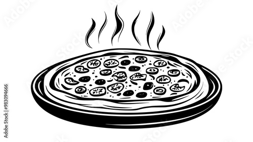 Round pizza baked in a traditional oven with steam rising, food vector illustration