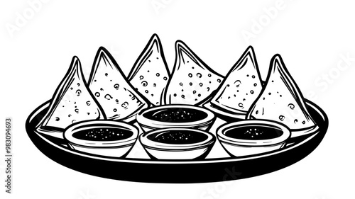 Samosas arranged on a platter with dipping sauces and garnish, food vector graphic