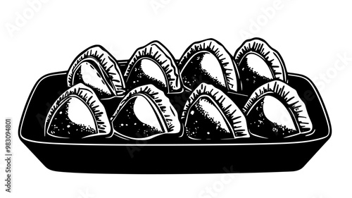 Serving tray with multiple cheese empanadas, neatly arranged in rows, food vector graphic