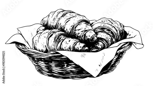 Several croissants arranged in a basket lined with a cloth napkin, food illustration vector