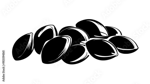 Several pumpkin seeds arranged in a slightly curved line on a flat surface, food illustration vector