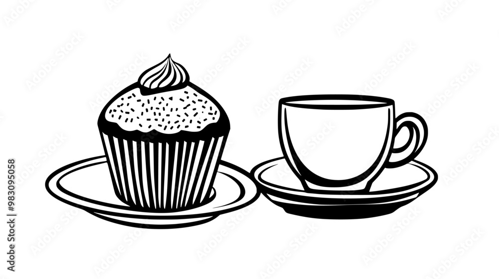 Single muffin on ceramic dish with tea cup, food vector illustration Single muffin on ceramic dish with tea cup, food vector illustration