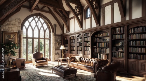 Gothic revival living area featuring exposed timber, whitewashed stone, and ornate details. Warm colors and natural light create an inviting atmosphere. 