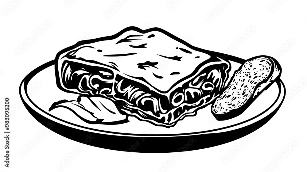 Slice of lasagna with pasta, cheese, and sauce, on a plate with a slice of bread, food vector illustration Slice of lasagna with pasta, cheese, and sauce, on a plate with a slice of bread, food vector illustration