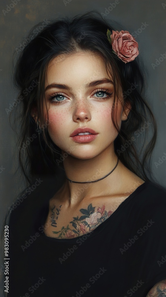 Beautiful Woman Portrait with Flowers and Tattoo Beautiful Woman Portrait with Flowers and Tattoo