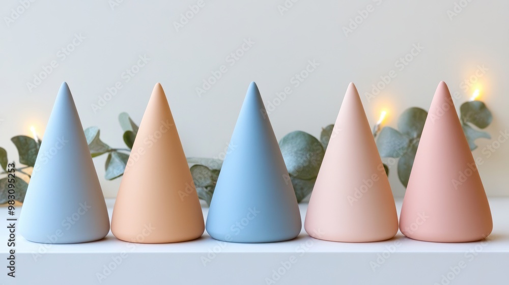 A row of five cone-shaped objects with different colors. Christmas, Christmas tree A row of five cone-shaped objects with different colors. Christmas, Christmas tree