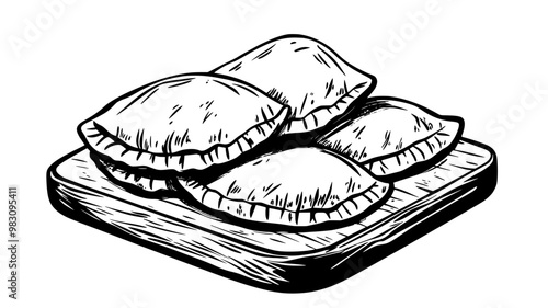 Stack of chicken empanadas on a wooden cutting board, food illustration vector