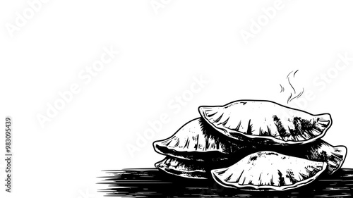 Stack of beef empanadas on a rustic wooden table with steam rising, food vector illustration
