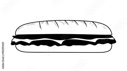 Sub sandwich with visible layers of meat and cheese, lying flat on a plain surface, food illustration vector