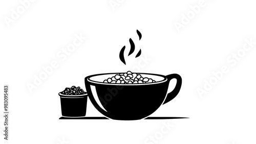 Steaming hot cereal in a bowl with a small container of toppings nearby, food illustration vector