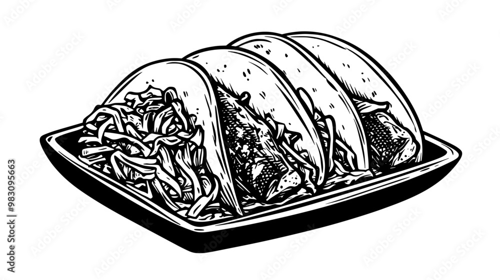 Trio of fish tacos with grilled fish and slaw on a rectangular plate, food vector graphic Trio of fish tacos with grilled fish and slaw on a rectangular plate, food vector graphic