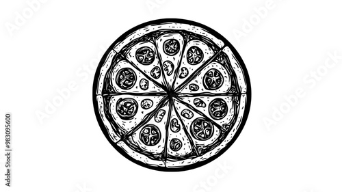 Top-down view of Margherita pizza with toppings arranged in a classic pattern, food illustration vector