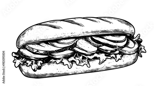 Open-faced veggie sub showing vegetables in a soft roll, food illustration vector