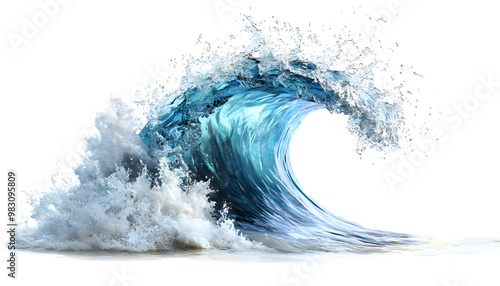 Powerful Ocean Wave - Blue Water Splash on White Background