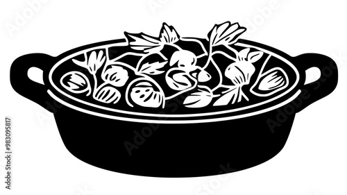 Whole casserole dish filled with baked ingredients, ready to serve, food illustration vector