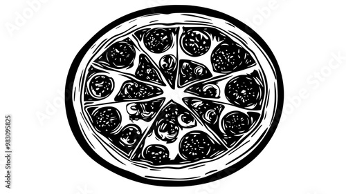 Whole Margherita pizza with tomato base and evenly distributed toppings, food illustration vector