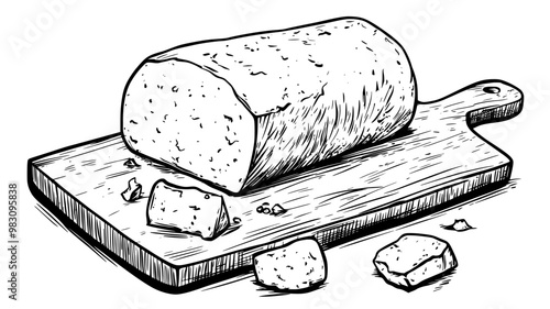 Whole goat cheese log on a flat surface with crumbles scattered nearby, food vector graphic