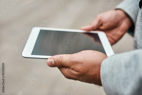 Display, screen and hands with tablet, outdoor and schedule for appointment, morning and business person. Above, communication and research for industry trends, texting and investor with mockup