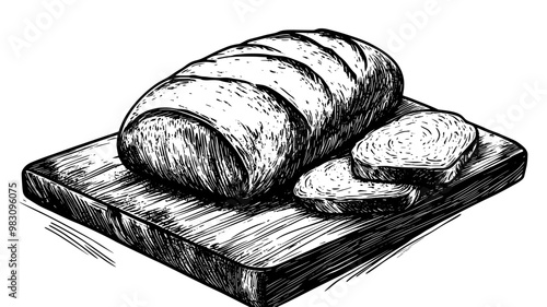 Whole sourdough loaf on a wooden surface with a knife nearby, food illustration vector