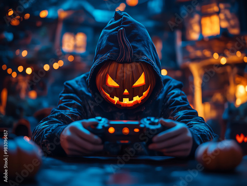 A person wearing a hood and pumpkin mask plays video games in a spooky, Halloween-themed setting with glowing lights.