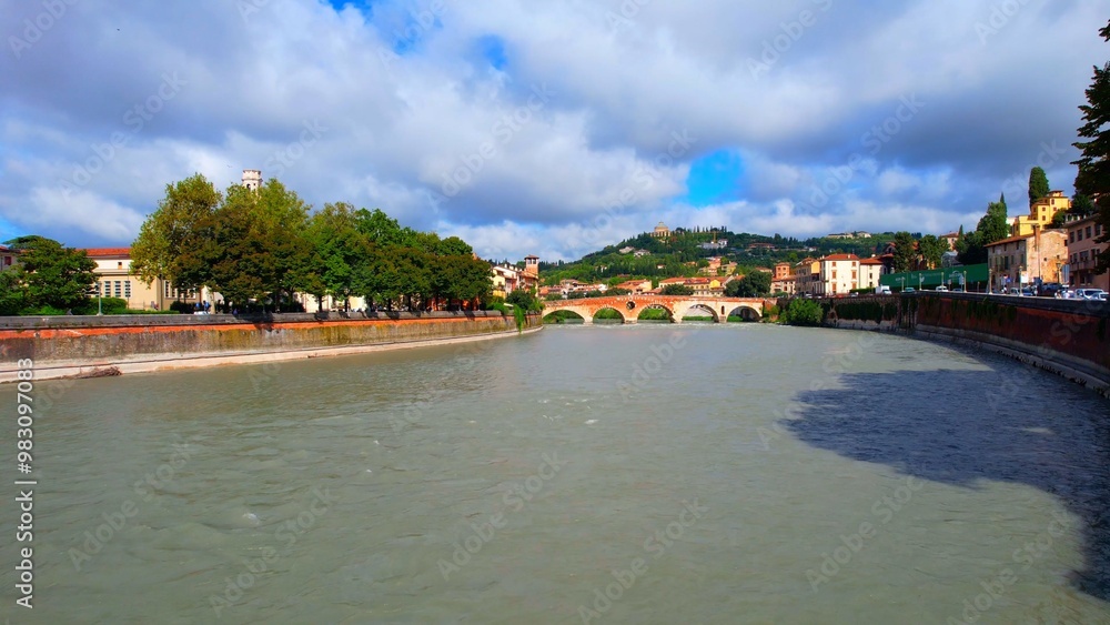 Verona - Italy - Aerial view of Ponte Pietra over river Adige Verona - Italy - Aerial view of Ponte Pietra over river Adige