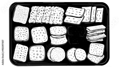 Crackers arranged evenly on a rectangular serving board, food vector illustration