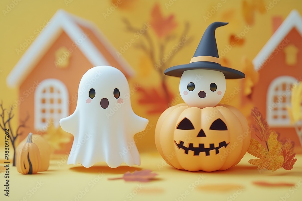 Obraz premium A Ghost and Pumpkin Wearing a Witch Hat on a Yellow Background