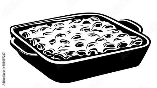 Baked ziti with pasta under a cheese topping, resting on a flat surface, food vector illustration