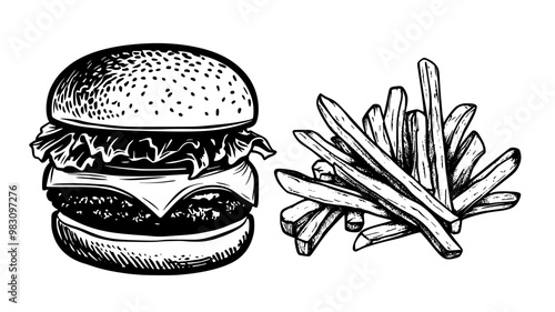 Beef burger with lettuce, tomato, and cheese on a bun with fries, food vector graphic