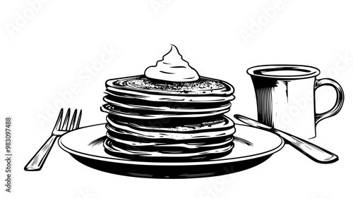 Breakfast table setting with a stack of buttermilk pancakes on one plate, food illustration vector