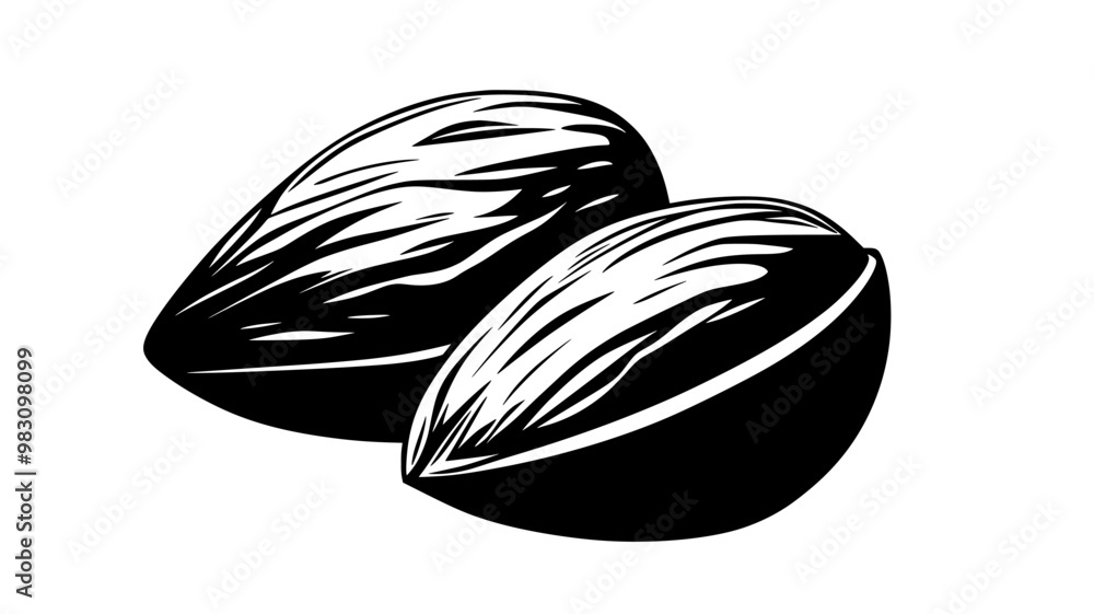 Close-up of an almond partially resting on another almond, food vector graphic Close-up of an almond partially resting on another almond, food vector graphic