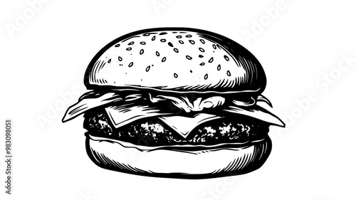 Close-up of a small assembled burger with patty, resting on a clean surface, food illustration vector