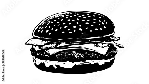 Close-up of a chicken burger with visible layers, resting on a simple background, food vector graphic