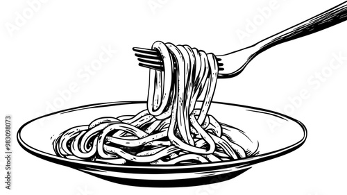 Close-up of a forkful of spaghetti carbonara with visible pasta strands and sauce, food vector graphic