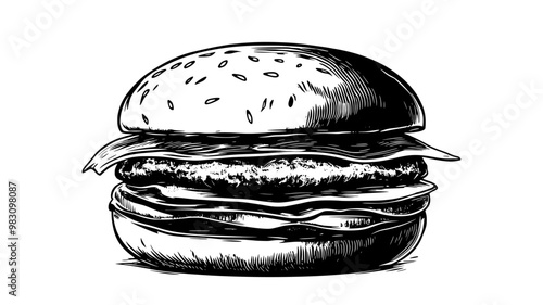 Close-up of a chicken burger with visible layers, resting on a simple background, food illustration vector