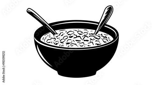 Close-up view of hot cereal with a spoon resting beside it, food illustration vector