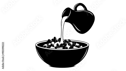 Milk being poured from a jug into a bowl of cold cereals, food vector illustration