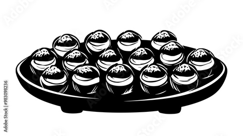 Stuffed mushrooms positioned in rows on a large serving plate, food illustration vector