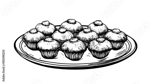 Stuffed mushrooms positioned in a grid on a plate, food illustration vector