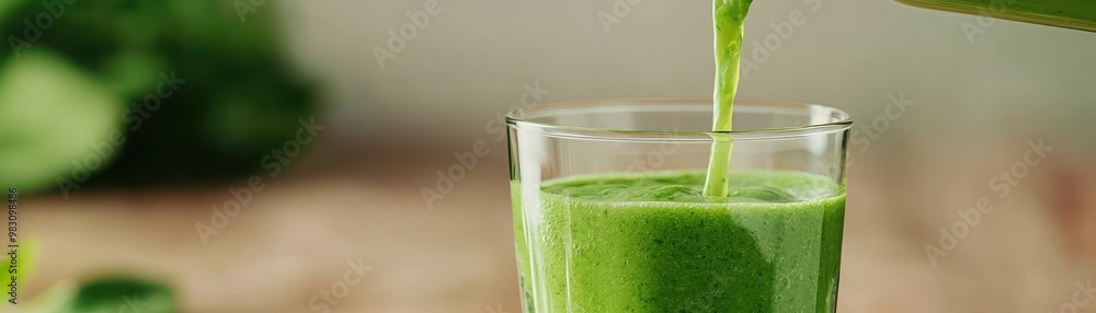 Fresh green smoothie being poured into a glass, showcasing vibrant color and healthy ingredients for a nutritious drink. Fresh green smoothie being poured into a glass, showcasing vibrant color and healthy ingredients for a nutritious drink.