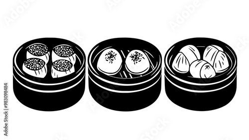 Dim sum served in bamboo steamers with assorted dumplings and buns, food illustration vector