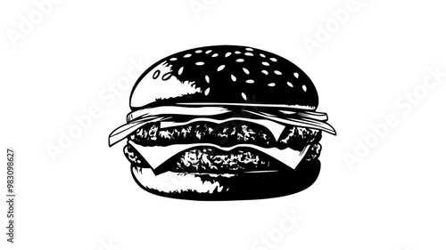 Gourmet burger with various fillings, placed horizontally on a clean surface, food vector graphic