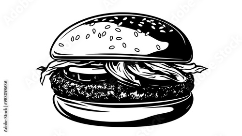 Grilled beef burger with lettuce and onions on a sesame seed bun, food illustration vector