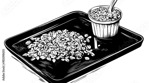 Granola spread on a baking sheet beside a small container filled with granola, food illustration vector