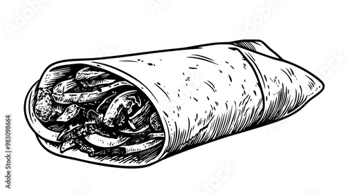 Grilled meat and vegetables arranged in a rolled wrap, lying on a flat surface, food illustration vector