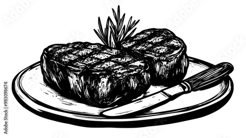 Grilled filet mignon arranged on a platter with a knife for slicing, food vector illustration