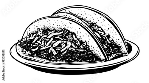 Hard shell taco with layers of meat, lettuce, and grated cheese on a plate, food vector graphic