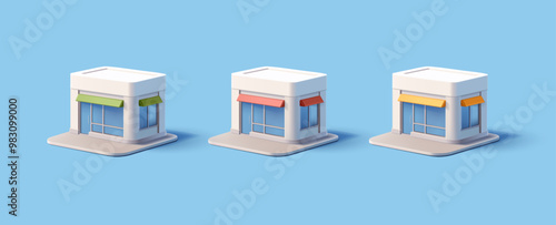 3D set of commercial real estate buildings, shops, restaurants, cafes, hairdressers. Icons. Realistic image for advertising big and small businesses. Front view. Vector